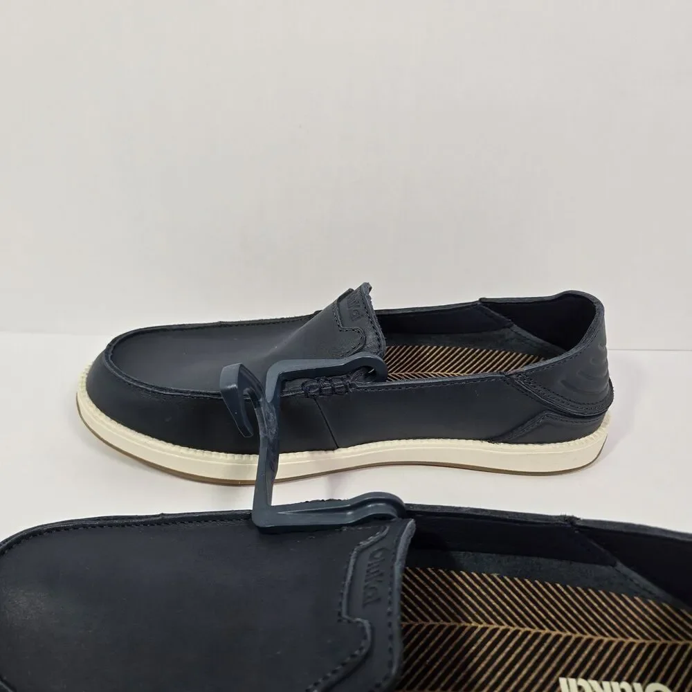 OluKai Kakaha Nia‎ Mens 10 Mood Indigo Blue Leather Slip On Shoes Loafers